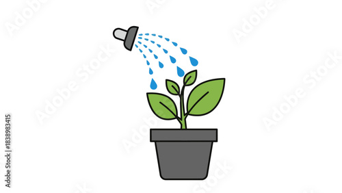 A potted plant being watered from a gray nozzle with blue raindrops