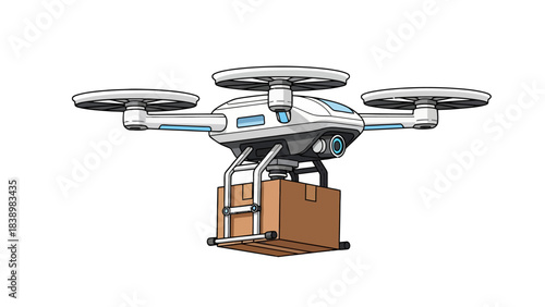 A quadcopter drone carrying a brown cardboard package suspended below