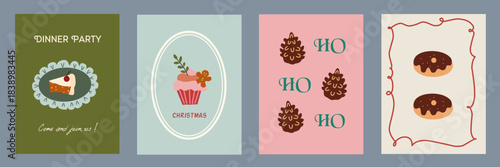Merry Christmas card designs set. Modern winter template cute hand drawn vector with pie, cake, dessert elements. Vintage italian whimsical style. La dolce Vita.