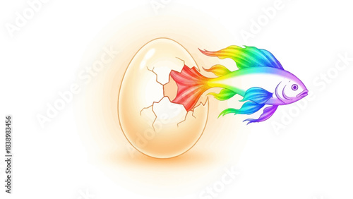 A rainbowtailed fish hatches from a glowing cracked egg on a white background