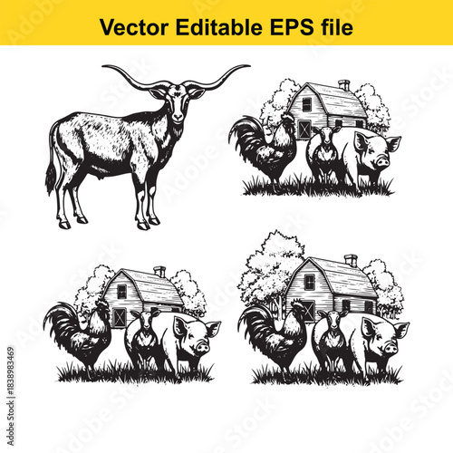  Vintage farm animal collection featuring a longhorn cow, rooster, hen, and pigs with a barn in the background on white