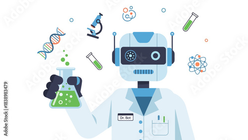 A robot scientist named Dr Bot holding a bubbling flask with science icons