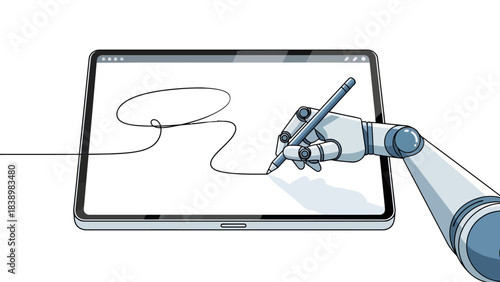 A robotic arm draws a continuous line on a digital tablet screen