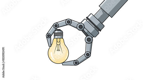 A robotic claw delicately grips a glowing incandescent light bulb