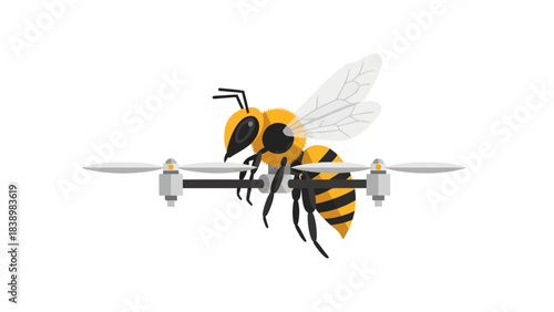 A stylized bee attached to a quadcopter drone frame isolated on white