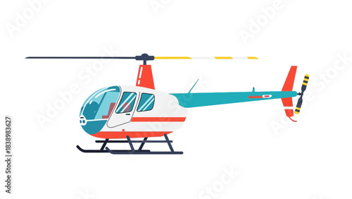 A stylized colorful illustration of a helicopter with white red and teal coloring