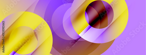 Abstract composition featuring overlapping circles, yellow hues dominate, purple background creates depth. Smooth gradients present dynamic visual effect.