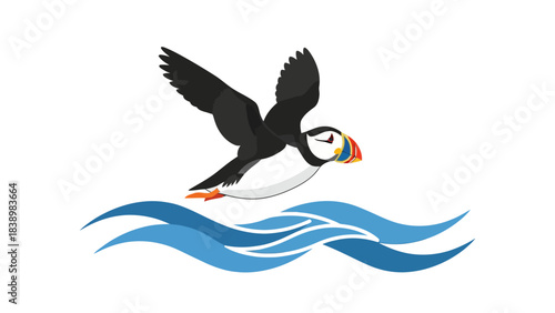 A stylized puffin flying over blue ocean waves on a white background