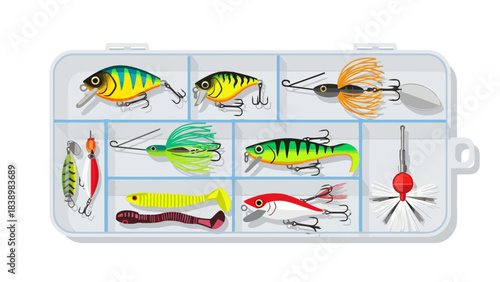 A tackle box filled with various colorful fishing lures and soft baits