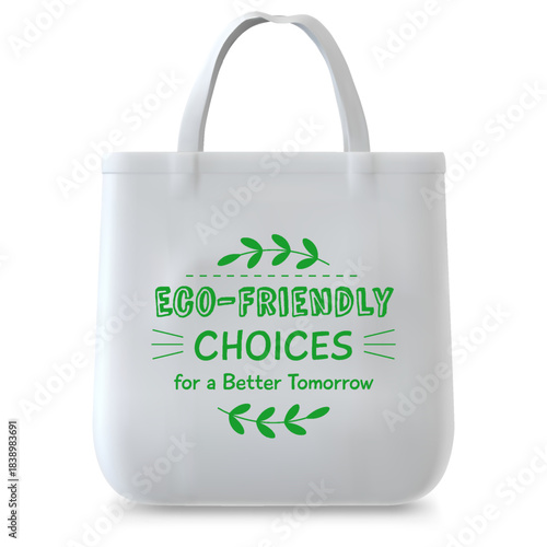 White fabric eco bag with Eco-friendly choices tomorrow green slogan printing with leaves, reusable shopping tote bag