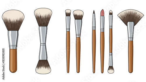 An array of eight illustrated makeup brushes with brown handles and silver ferrules