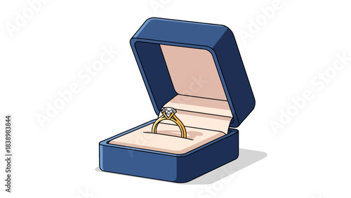 An open blue velvet ring box displaying a solitaire diamond ring with a gold band