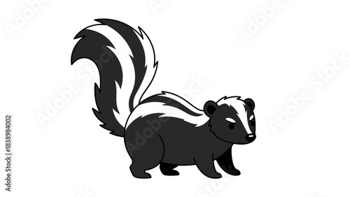 Black and white cartoon skunk with a bushy striped tail