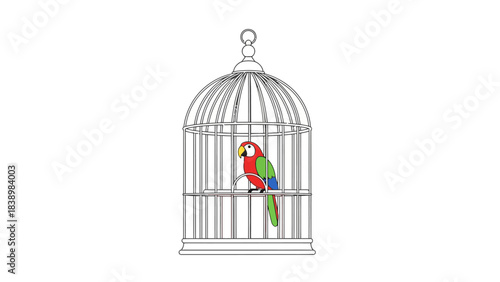 Birdcage with a colorful parrot inside outline drawing with partial color fill