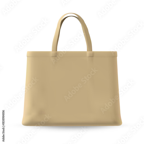 Tote bag mockup, realistic beige fabric shopping bag, blank canvas hanging shopper with handles, corporate identity item