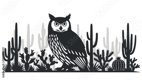 Black and white graphic of a Great Horned Owl among desert cacti