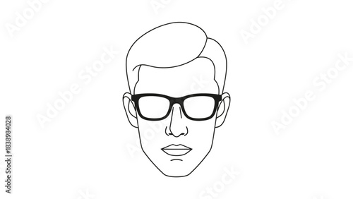 Black and white line drawing of a mans head wearing thickrimmed glasses