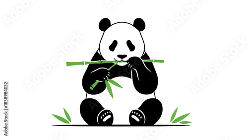 Black and white panda illustration sitting and eating a green bamboo stalk