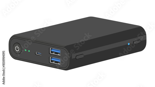 Black portable power bank illustration with USB ports and indicators