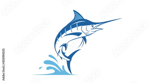 Blue marlin leaping from water with stylized splash graphic