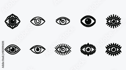 Modern minimalist black and white eye icon collection representing vision spirituality and insight graphic design elements