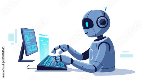 Blue robot typing on a glowing keyboard next to a computer monitor