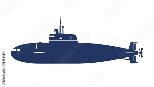 Blue silhouette of a submarine with a sail and propeller