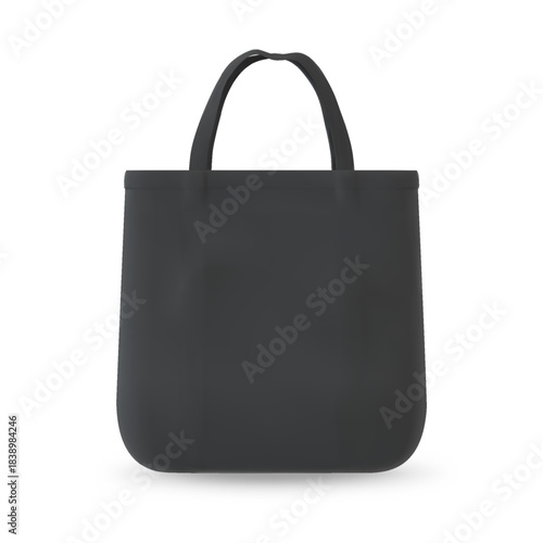 Realistic black fabric shopper bag with handles on an isolated background.