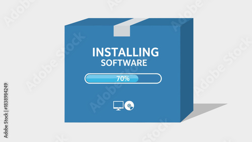 Blue software installation box showing 70 progress icons below