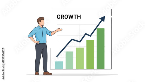Businessman presenting a rising bar and line chart labeled GROWTH
