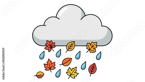Cartoon cloud raining blue drops and colorful autumn leaves