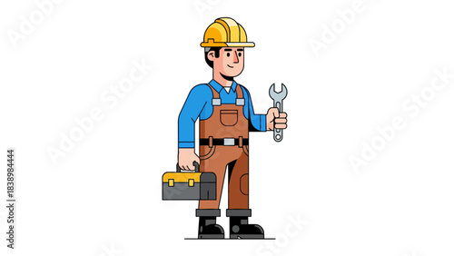 Cartoon construction worker in overalls holding a wrench and toolbox