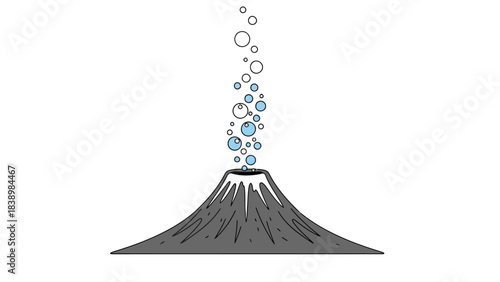 Cartoon depiction of a gray volcano erupting bubbles upward against a white background