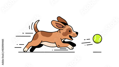 Cartoon dog chasing a tennis ball with motion lines