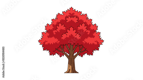 Cartoon drawing of a deciduous tree with bright red mapleshaped leaves and a brown trunk