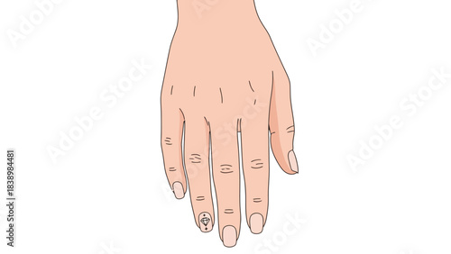 Cartoon drawing of a hand with one decorated fingernail