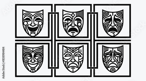 Stylized black and white theatrical masks expressing comedy and tragedy emotions in a linear art design on a clean white background
