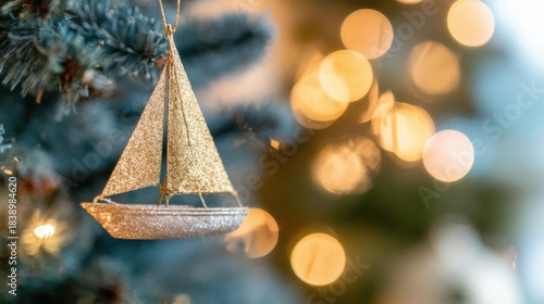 Wallpaper Mural Sailboat ornament hanging on a Christmas tree with warm lights in background Torontodigital.ca