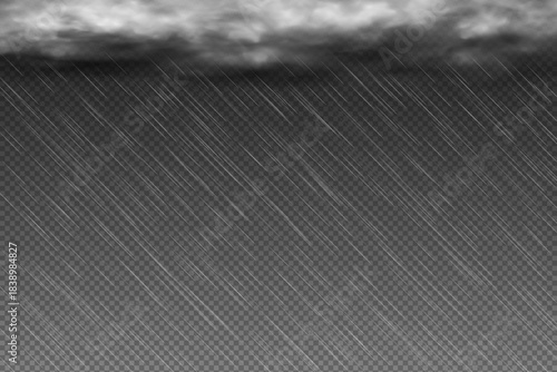 Raindrop effect and heavy clouds, rain overlay on dark transparent background, realistic rain at night time weather
