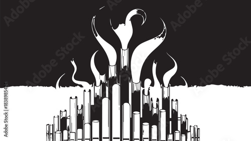 Abstract city skyline with rising flames above urban towers in stark black and white.
