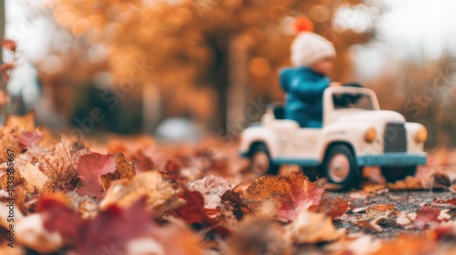Fototapeta Naklejka Na Ścianę i Meble -  Child rides toy car through autumn leaves in quiet neighborhood street