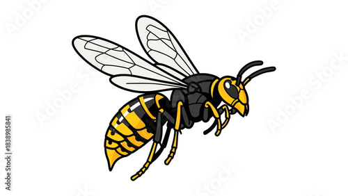 Cartoon illustration of a yellow and black striped wasp in flight