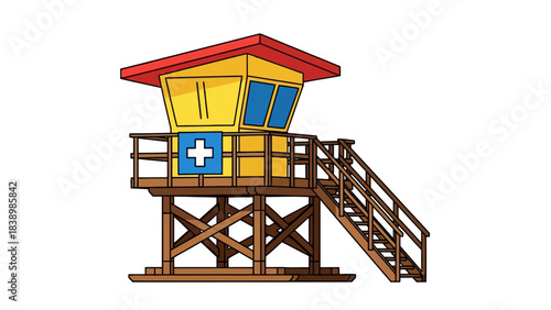 Cartoon illustration of a yellow and red lifeguard tower with a white cross sign