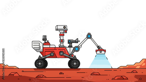 Cartoon Mars rover exploring red rocky terrain with an illuminated tool arm