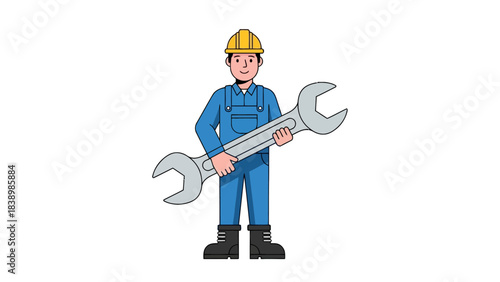 Cartoon mechanic in blue overalls and yellow hard hat holding large wrench