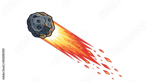 Cartoon meteor streaking downward with a long fiery orange and yellow tail