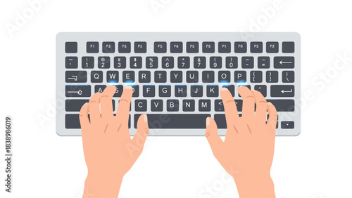 Closeup of hands typing on a QWERTY keyboard with illuminated keys