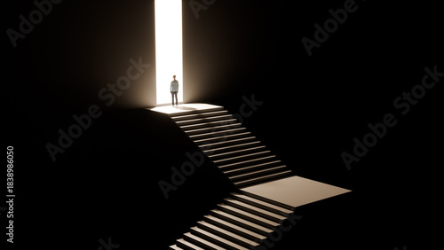 Man at top of dark staircase looking at bright exit, new opportunity, success journey, and future hope, 3d render