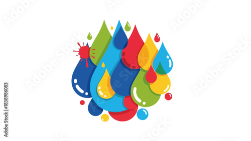 Cluster of overlapping colorful stylized liquid drops with a red splash