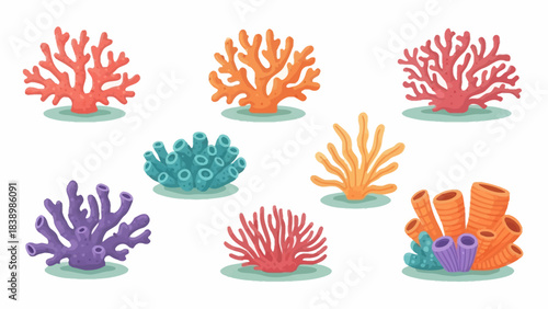 Collection of eight colorful stylized illustrations of various corals on a white background